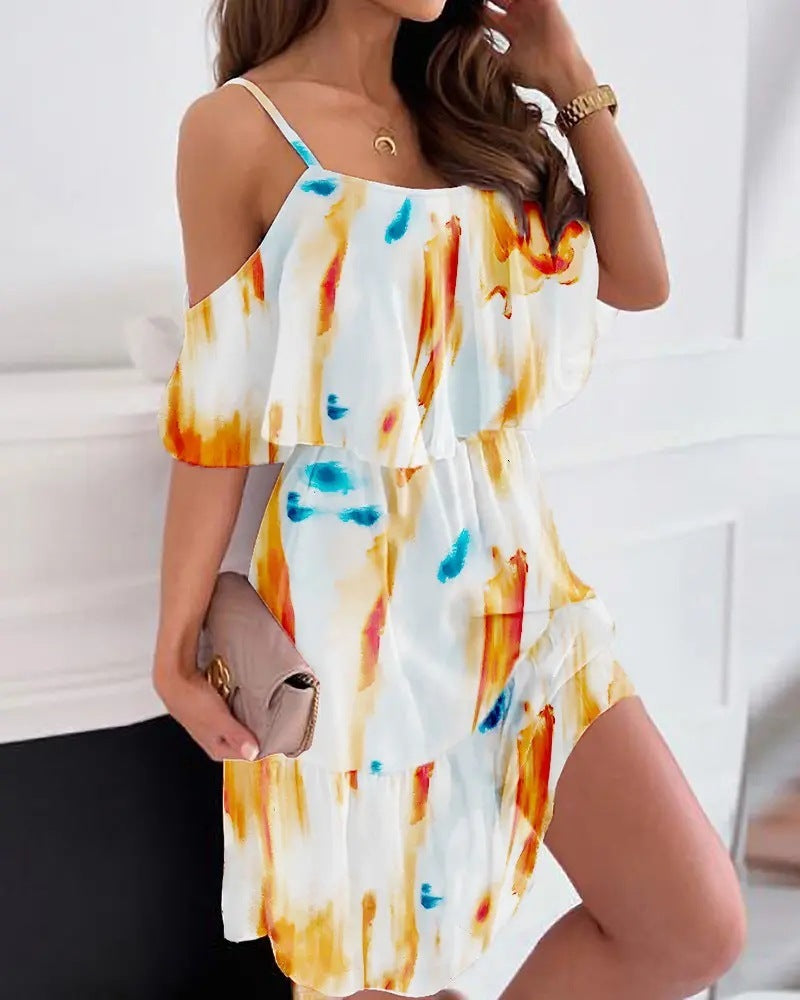 Flower Printed Ruffled Suspender Dress Summer Off-the-shoulder Strap Dresses Women