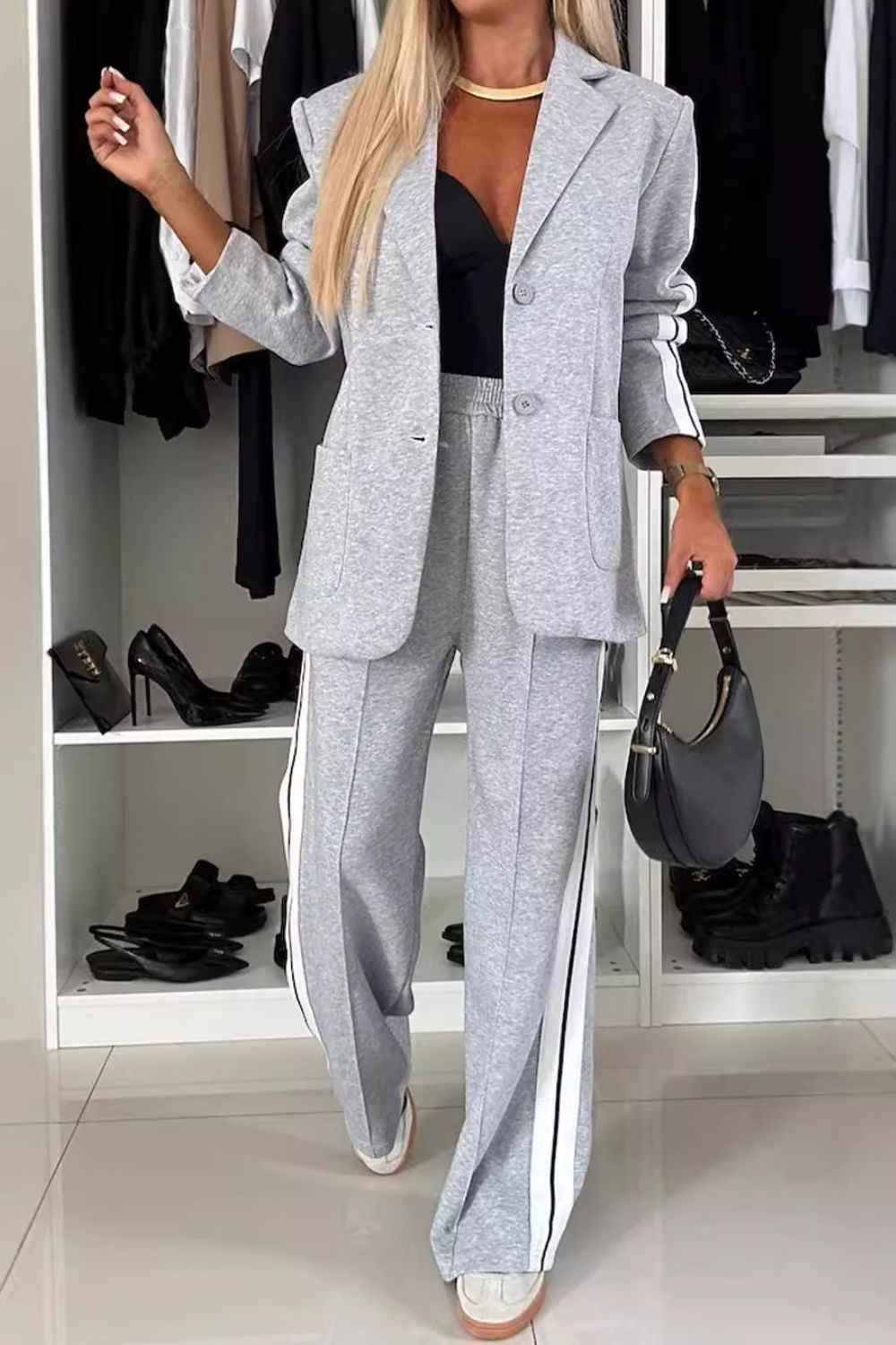 Full Size Contrast Lapel Collar Top and Pants Set