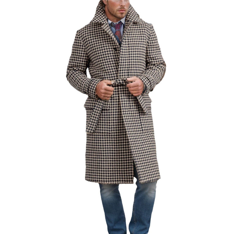 Men's Mid-length Woolen Coat Houndstooth Quilted